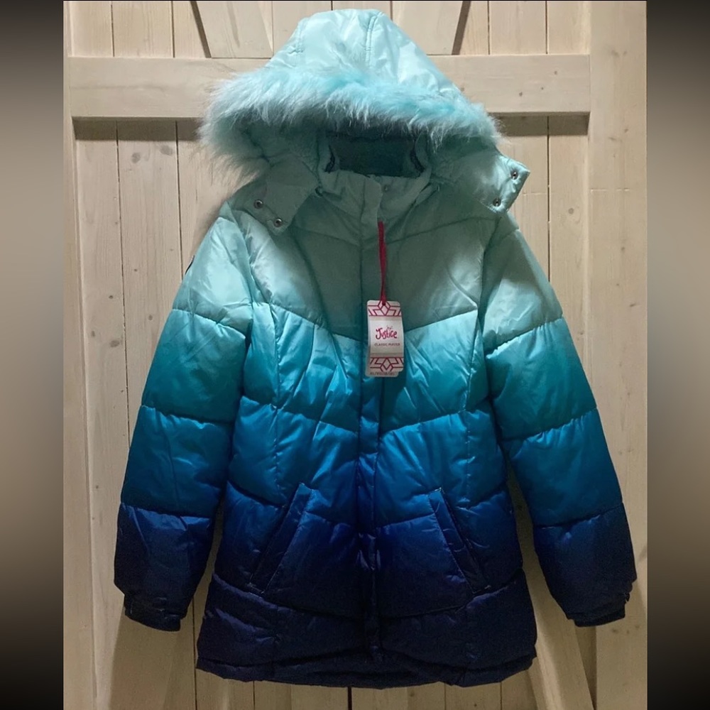 NWT Anorak Puffer Coat ocean ombré turquoise blue white JUSTICE teen XL - Picture 16 of 16